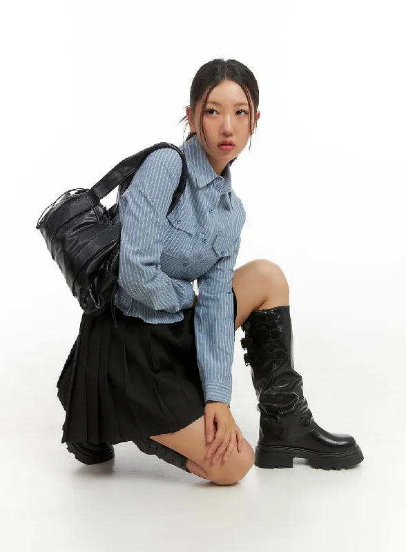 Casual Fit Wear Pintuck Stripe Buttoned Crop Shirt IS402