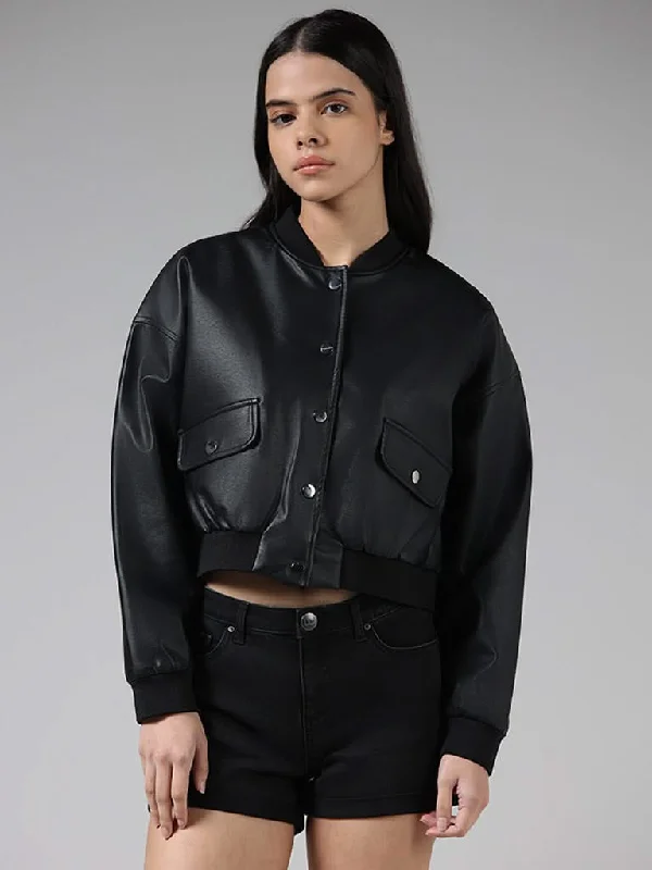 Casual Chic Wear Nuon Solid Black Crop Leather Jacket