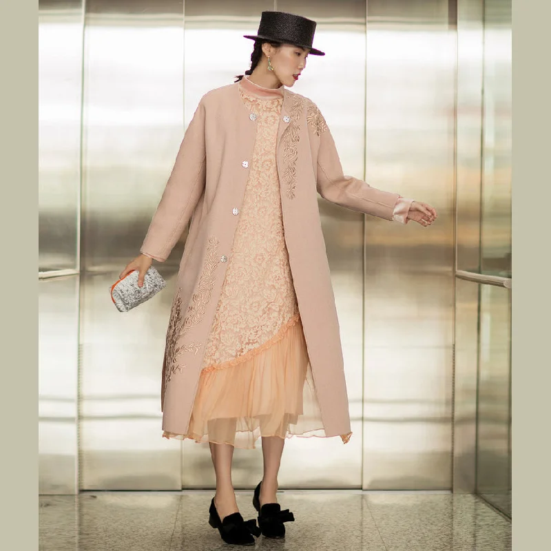 Simple Comfort Fine nude pink Woolen Coats Women oversized long sleeve medium length jackets embroidery coats