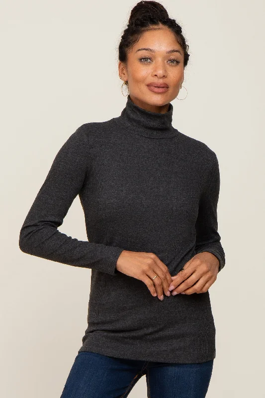 Relaxed Dresses Charcoal Heathered Ribbed Mock Neck Long Sleeve Top