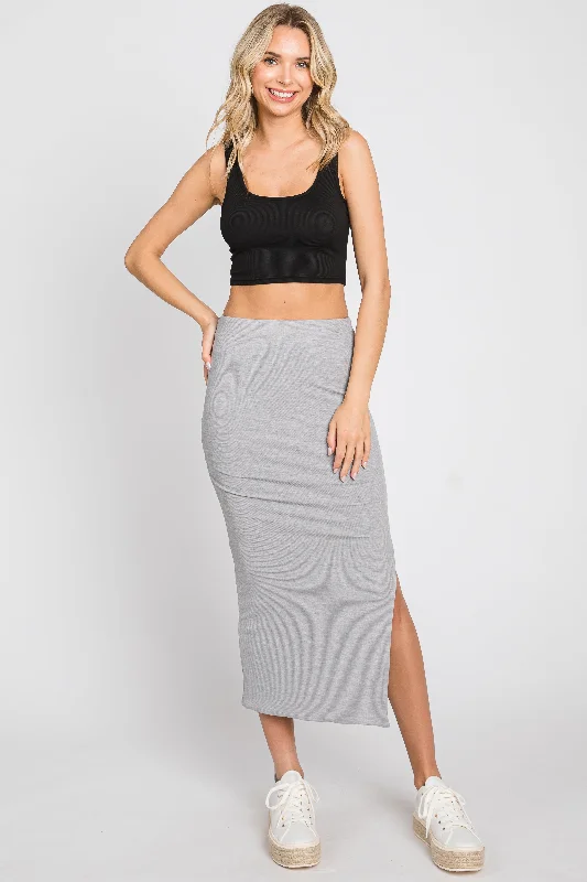 Weekend Wear Heather Grey Ribbed Side Slit Midi Skirt