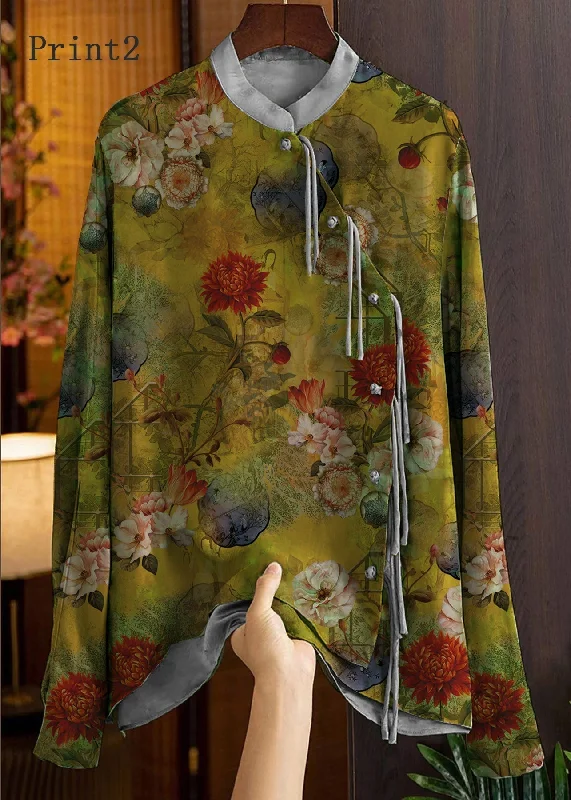 Soft Textures Beautiful Green-Print2 Mandarin Collar Button Print Silk Shirt Top Spring
