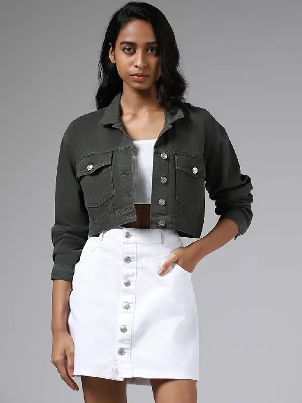 Soft Style Nuon Solid Olive Green Crop Jacket