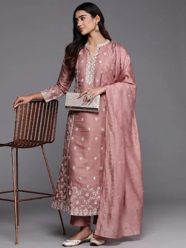 Comfy Dress Libas Art Peach Embroidered Silk Blend A-Line Kurta With Trousers & Dupatta