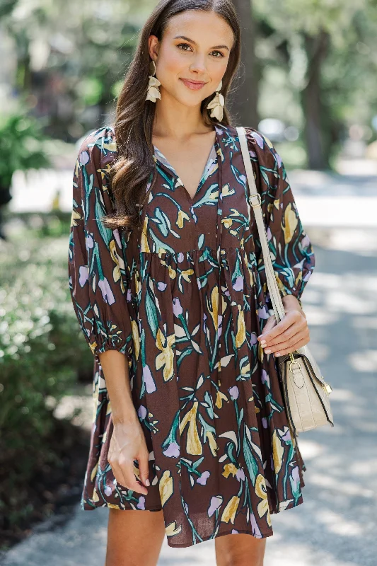 Relaxed Fashion Talk It Through Espresso Floral Dress