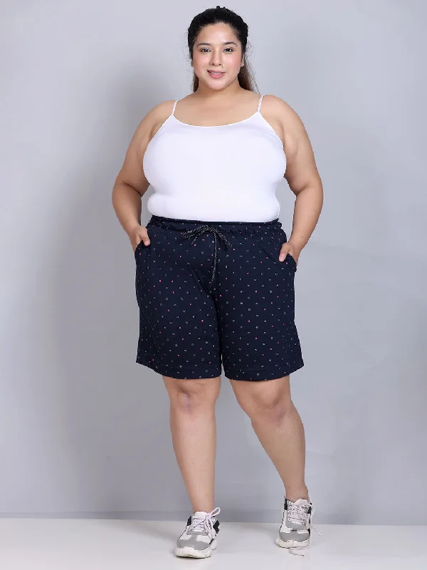 Cozy Outerwear Plus Size Cotton Shorts For Women - Printed Bermuda - Navy Blue