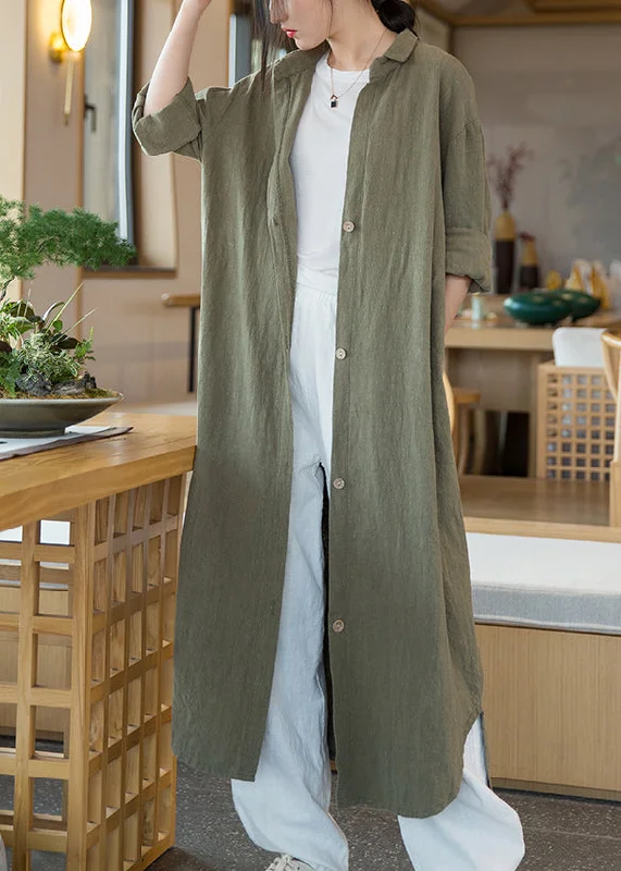 Soft Fabrics Army Green Pockets Patchwork Linen Shirts Long Coats Peter Pan Collar Fall Soft Fabrics Army Green Pockets Patchwork Linen Shirts Long Coats Peter Pan Collar Fall
