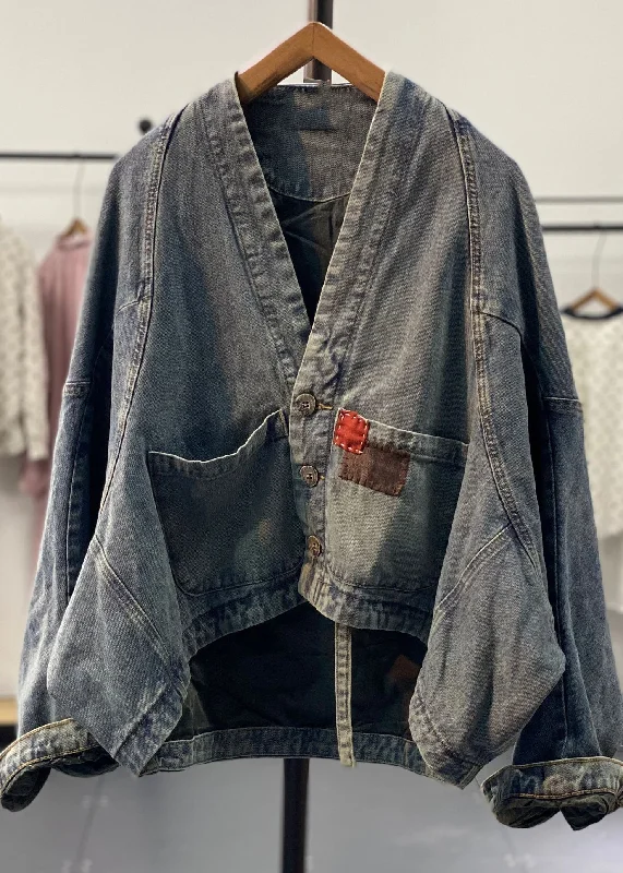 Cozy Layers Original Retro Blue Asymmetrical Patch Bat Sleeve Denim Coats