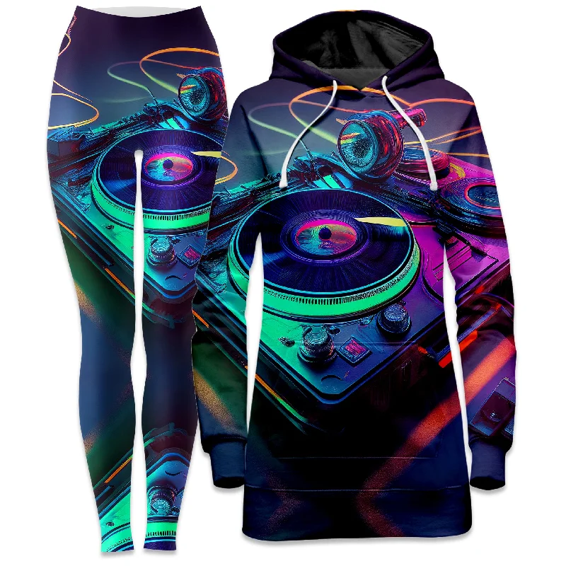 Relaxed Dresses Neon Turntables Hoodie Dress and Leggings Combo