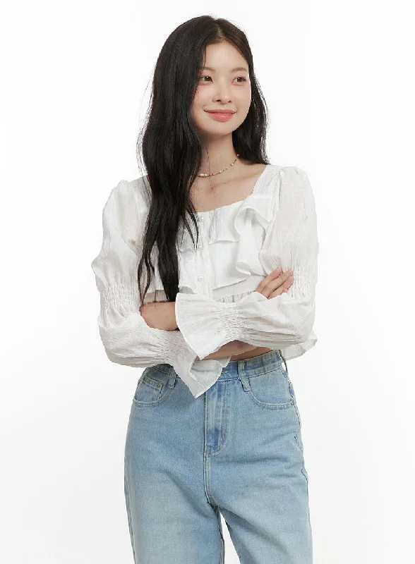 Smart Comfort Wear Square Neck Button Ruffle Blouse OS423