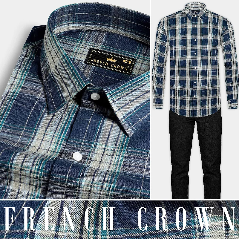 Cozy Footwear Cloud Burst Blue and Casal Green Twill Plaid Premium Cotton Shirt