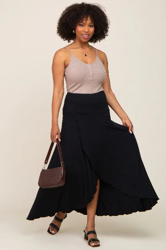 Breezy Style Black Hi-Lo Lettuce Hem Maxi Skirt