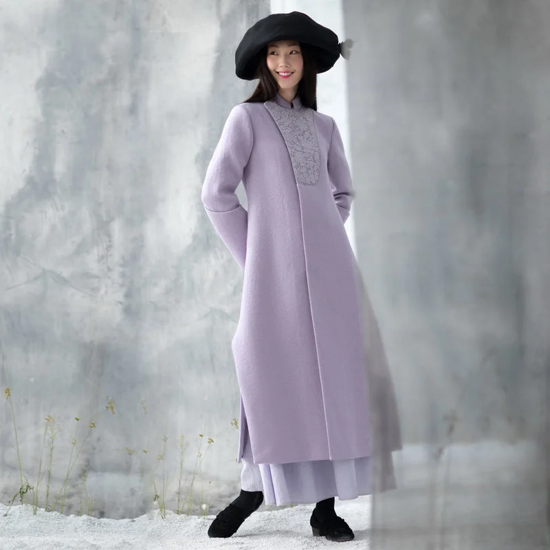 Effortless Wear Luxury purple Woolen Coats trendy plus size side open long winter coat embroidery outwear