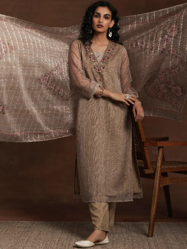 Weekend Comfort Wear Tan Printed Organza Straight Suit With Dupatta