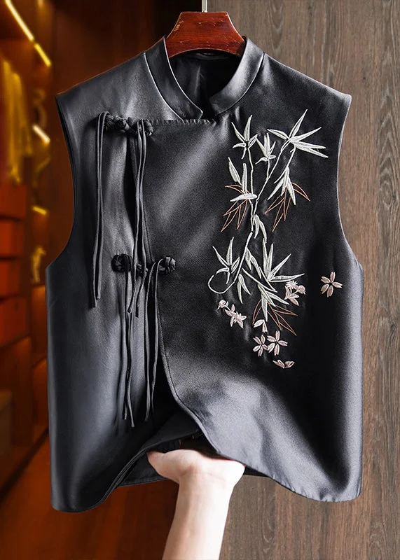 Comfortable Tops Boutique Black Chinese Button Embroidered Leather Shirt Waistcoat Sleeveless