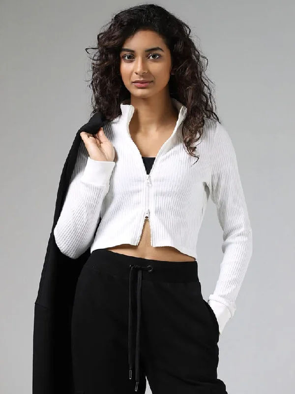 Cozy Dress Studiofit White Cotton Blend Ribbed Crop Jacket