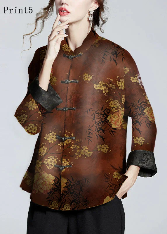 Soft Wear Chinese Style Print5 Stand Collar Button Print Silk Coats Long Sleeve