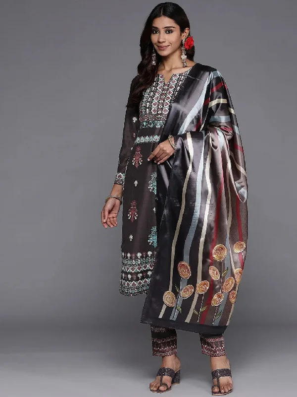 Easy-to-Wear Charcoal Printed Silk Blend Straight Kurta With Dupatta