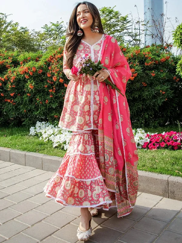 Light Comfort Pink Printed Cotton Anarkali Sharara Suit Set With Dupatta