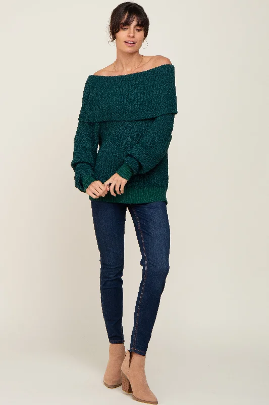 Lounge Chic Forest Green Foldover Off Shoulder Sweater