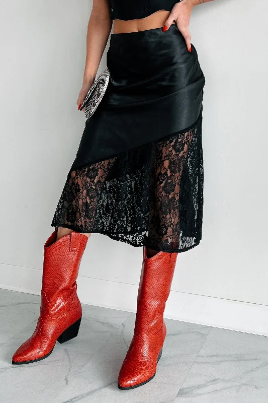 Effortless Wear Chic Standards Satin Asymmetric Lace Skirt (Black)