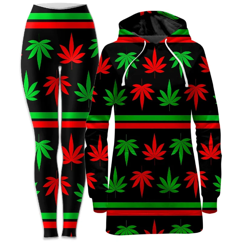 Summer Comfort Red And Green Festive Bud Hoodie Dress and Leggings Combo