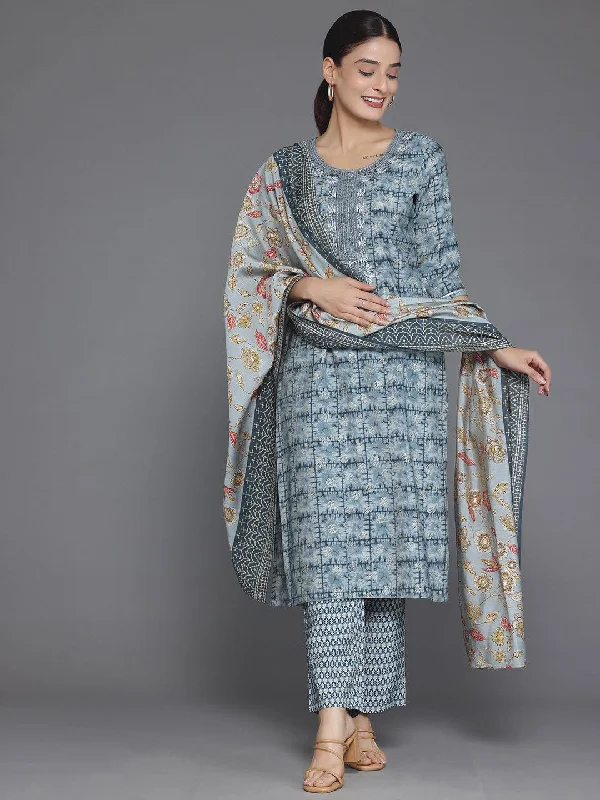 Soft Textures Grey Printed Silk Blend Straight Suit With Dupatta