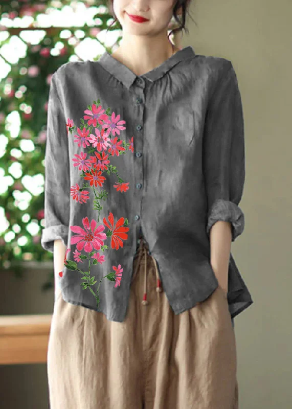 Casual Fit Retro Peacock grey Peter Pan Collar Print Button Wrinkled Shirts Long Sleeve