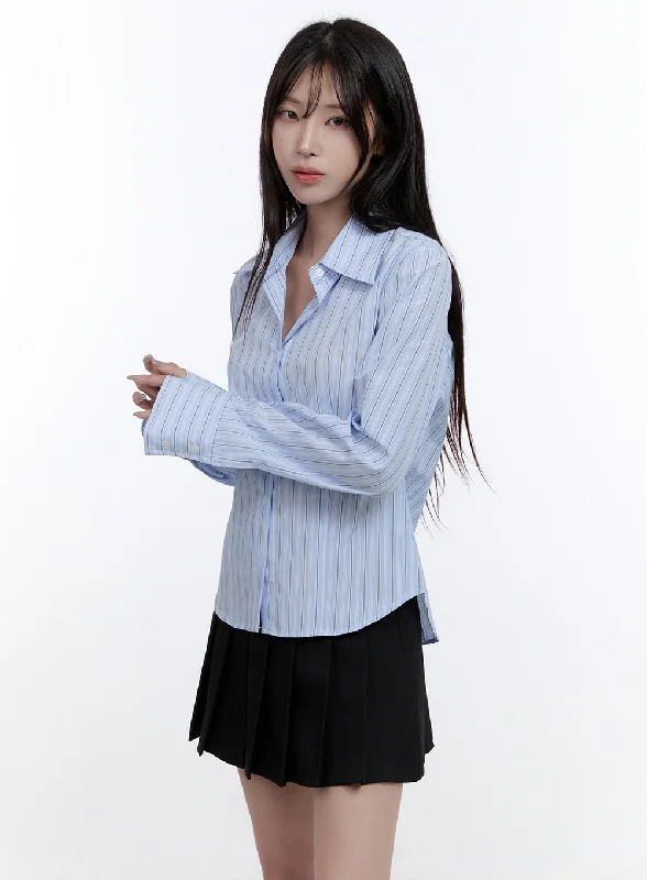 Cozy Outerwear Stripe Button-Up Collared Shirt CO418
