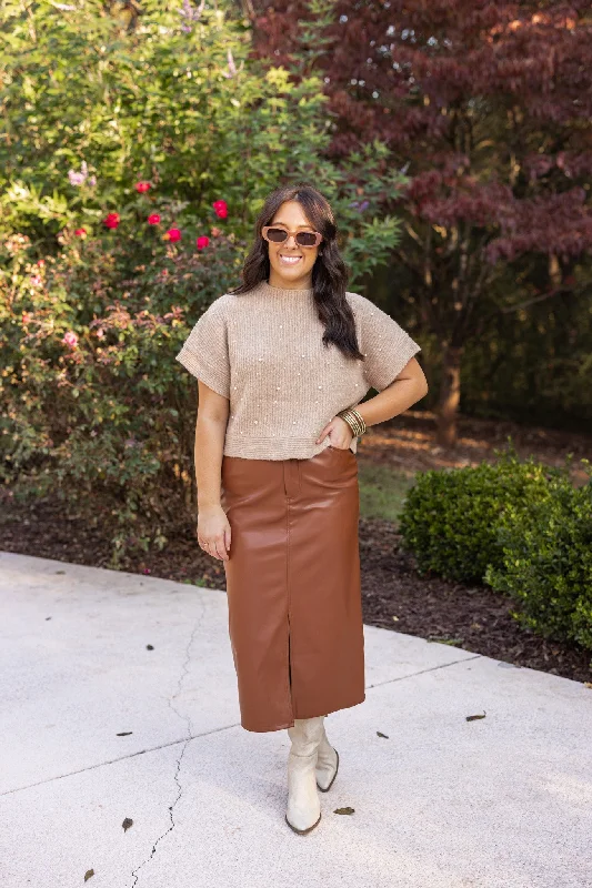 Casual Elegance Leather Perfection Caramel Midi Skirt