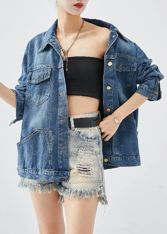 Cozy Outerwear Women Blue Oversized Pockets Denim Coats Fall