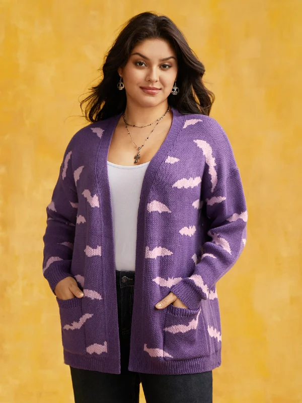 Effortless Dressing Haunted Bats Printed Jacquard Cardigan - For Halloween