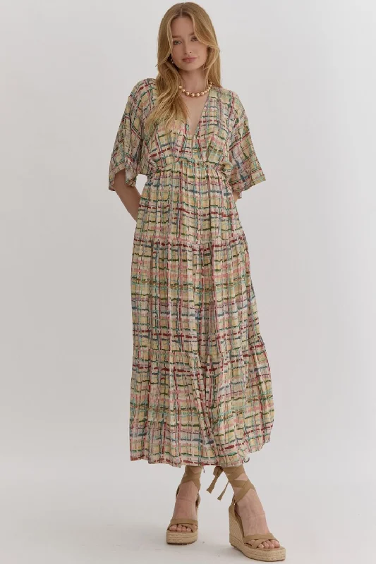 Comfy Pants Shift dress Multi-Color Plaid Print Deep V-Neck Midi Dress