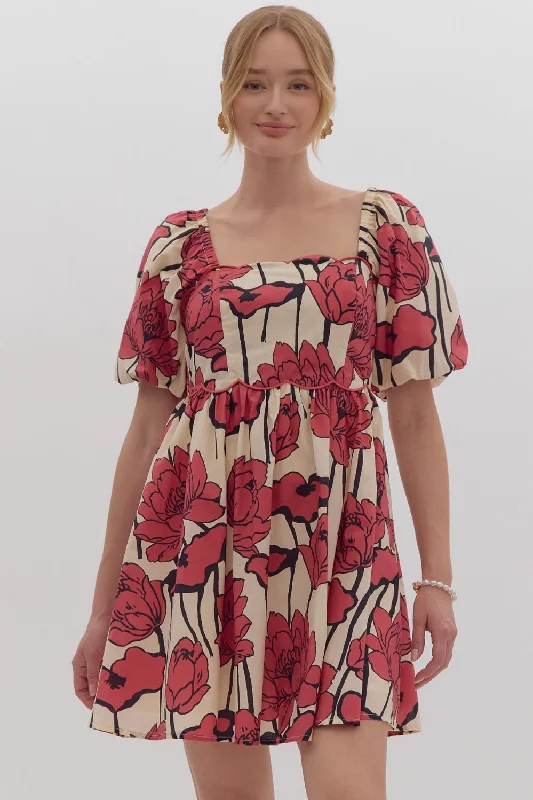 Versatile Comfort Long sleeve dress Floral Print Square Neck Short Sleeve Mini Dress
