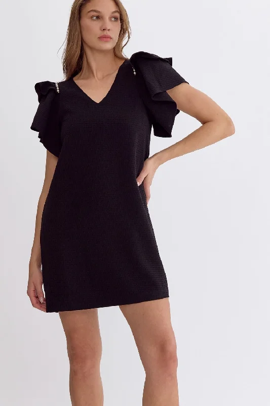 Relaxed Tops Ribbed knit dress Waffle Textured V-Neck Short Sleeve Mini Dress