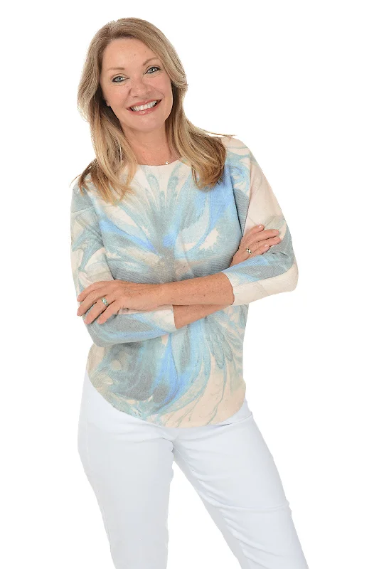 Comfortable Dresses Knit Wrap Cardigan Marbled Floral 3/4 Dolman Sleeve Sweater