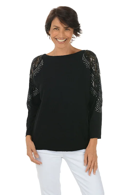 Cozy Fit Wear Buttoned Knit Dress Ornate Beaded Mesh Sleeve Sweater