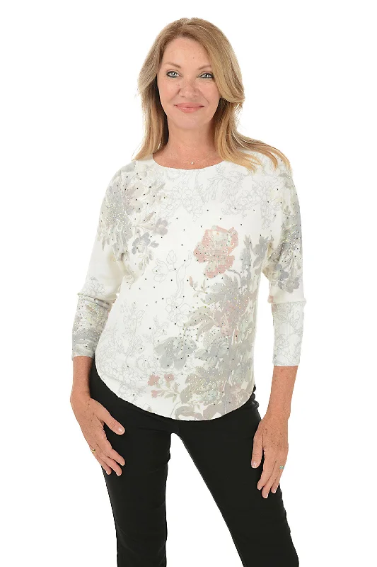 Cozy Layers Knitted Cowl Neck Top Peony Jeweled Dolman Sleeve Sweater
