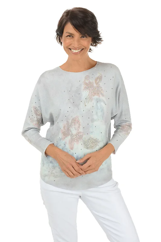 Comfortable Looks Fitted Knit Cardigan Hazy Jeweled Dolman Sleeve Sweater