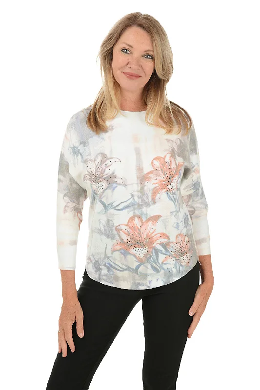 Soft Style Knit Top with Cut-out Details Lilies Jeweled Dolman Sleeve Sweater