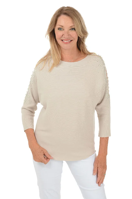 Effortless Elegance Chic Knit Top Pearl Embellished Mesh Dolman Sleeve Sweater