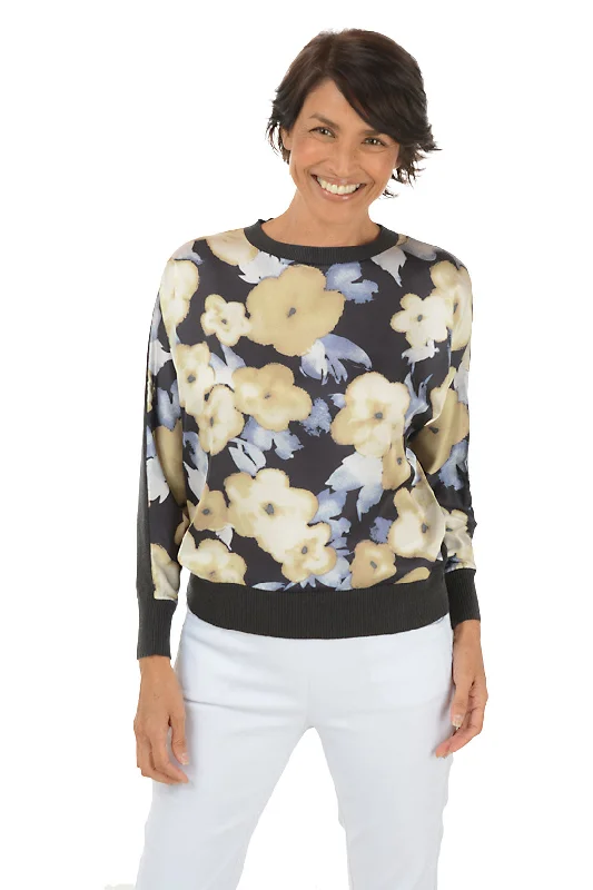 Summer Comfort Knit Blazer Jacket Floral Collage Silky Front Sweater