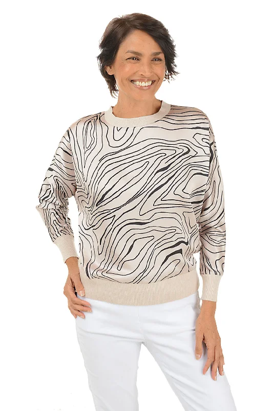 Trendy Casuals Knit with Puff Sleeves Marbled Stripes Silky Front Sweater