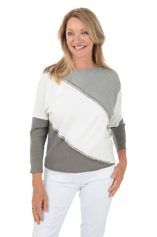 Effortless Comfort Structured Knit Sweater Grey Beaded Colorblock Dolman Sleeve Sweater
