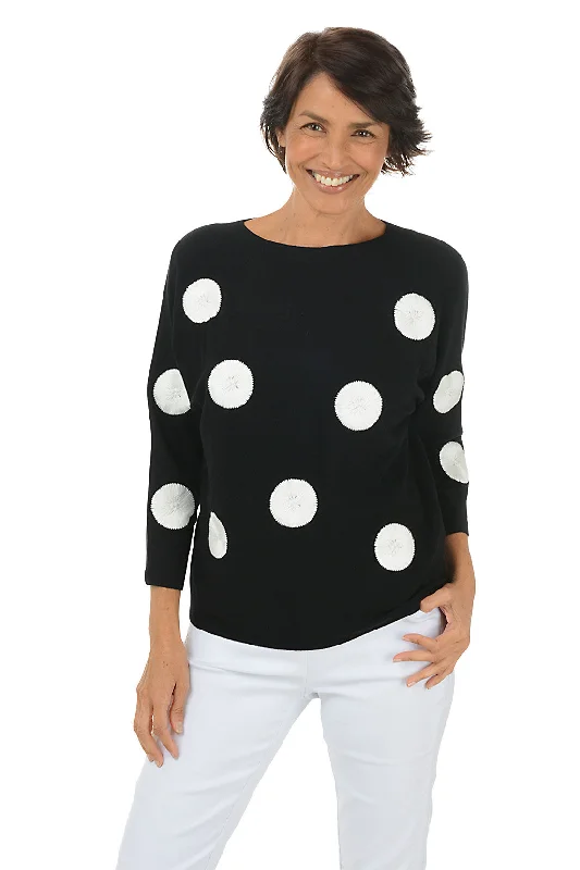 Sporty Elegance Colorful Knit Sweater Black Polka Dot Embroidered Sweater