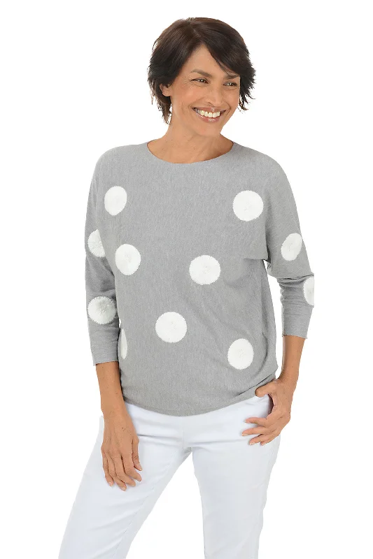 Relaxed Wear Sporty Knit Pullover Charcoal Polka Dot Embroidered Sweater