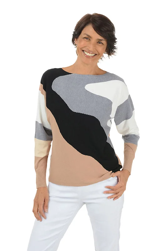 Soft Textures Knit Cropped Cardigan Wavy Colorblock Dolman Sleeve Sweater