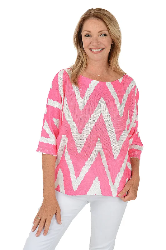 All-Day Comfort Boho Pink Zig Zag 3/4 Sleeve Lightweight Sweater