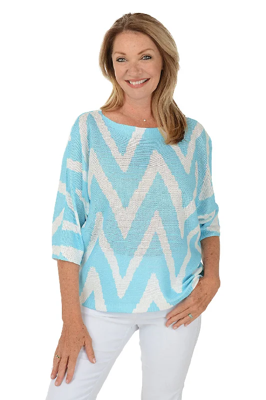 Versatile Wear Buttoned Blue Zig Zag 3/4 Sleeve Lightweight Sweater