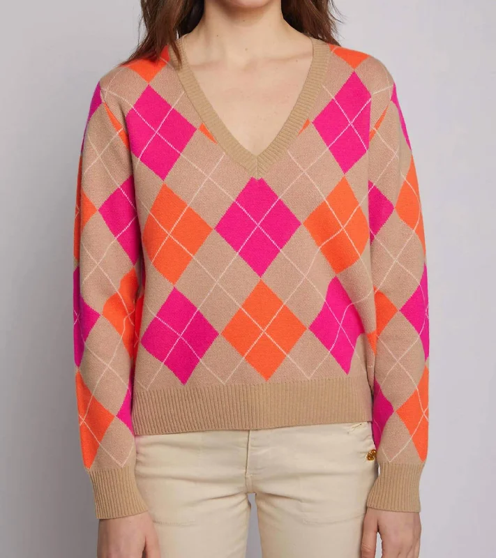 Elegant Dressing Merino Wool Knit Sweater Argyle Pullover In Beige Wool Blend